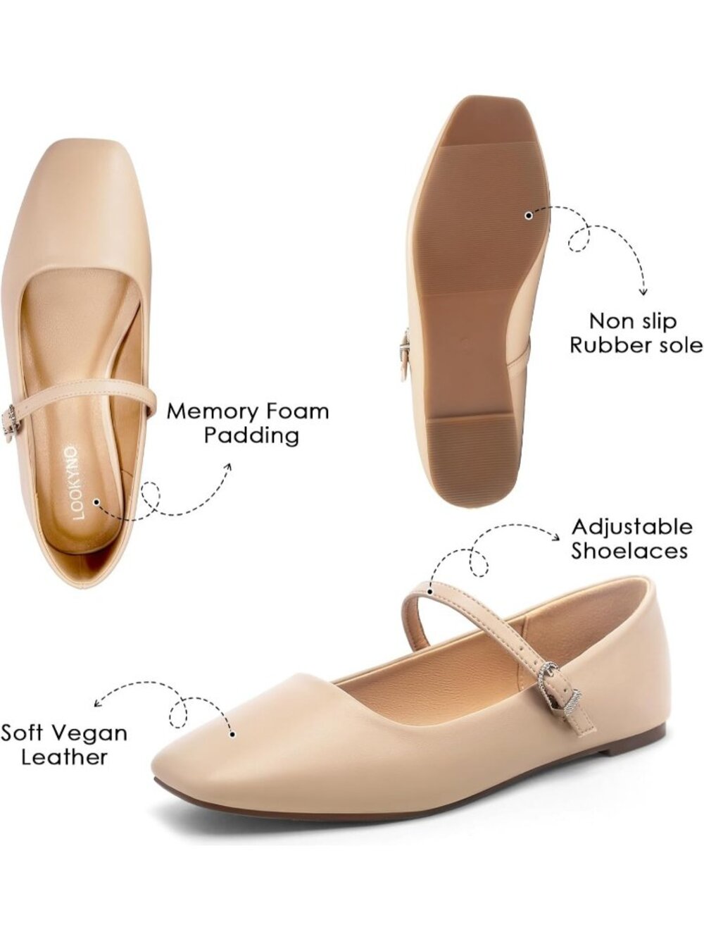 Women's Nude Faux Leather Mary Jane Flats Adjustable Strap Square Toe Shoes - Picture 6 of 6